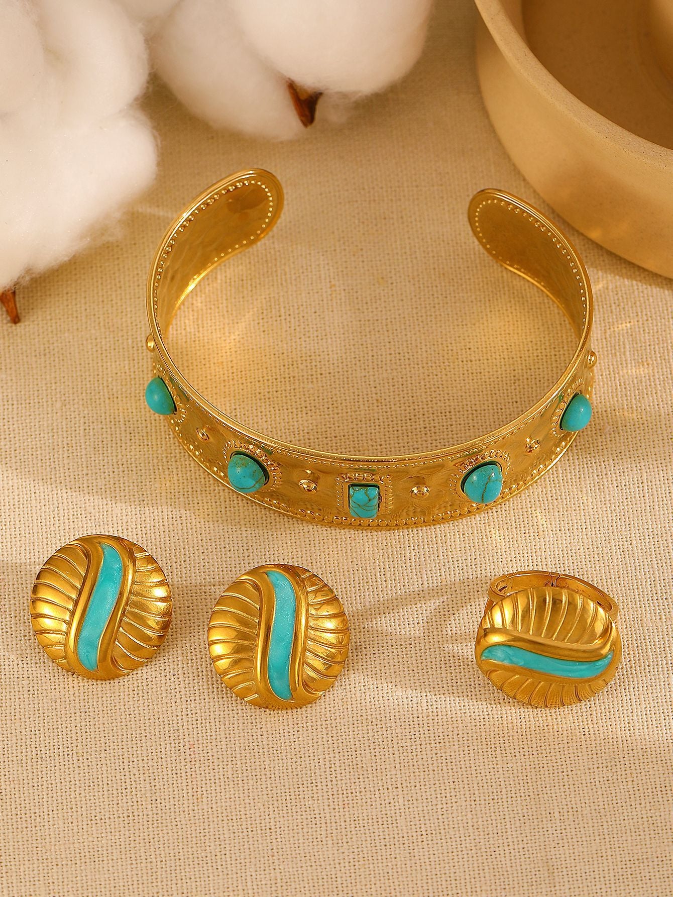 Elegant Retro Geometric 304 Stainless Steel Turquoise 18K Gold Plated Plating Rings Bracelets Earrings