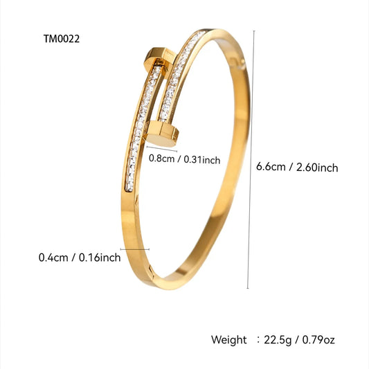 Elegant Fashionable Stainless Steel 18K Gold Plated Zirconia Stone Nail Bracelet