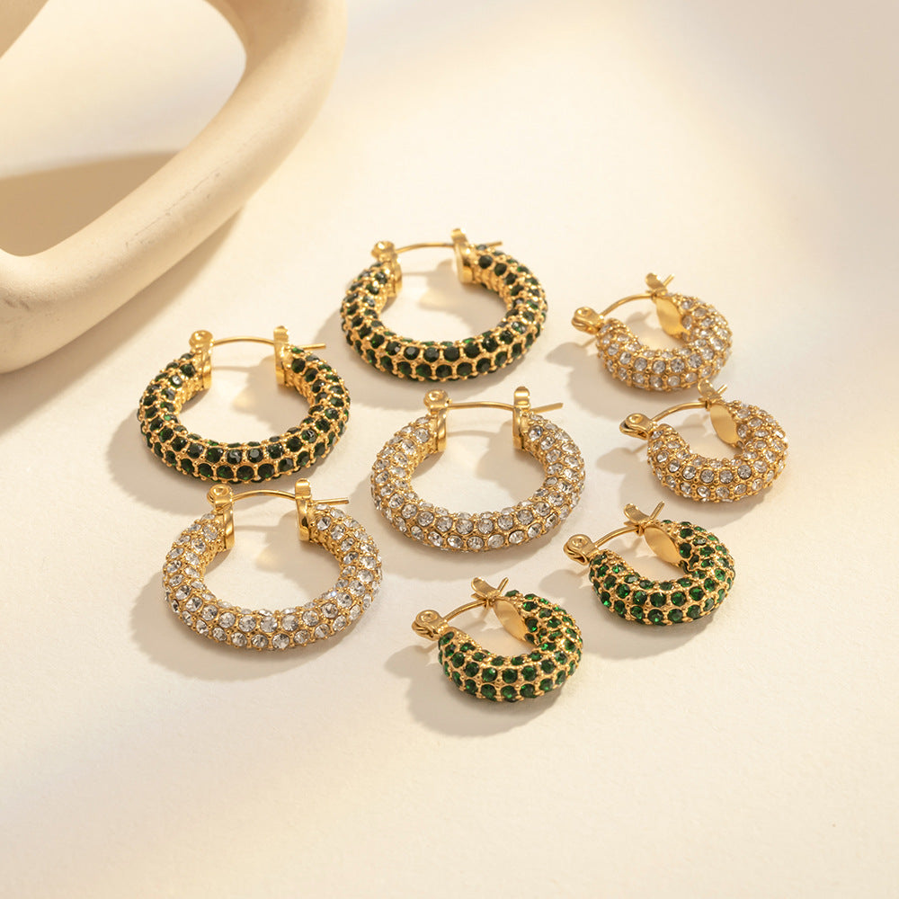 Green Studded Shiny Geometric Gold Plated 304 Stainless Steel Zircon Earrings