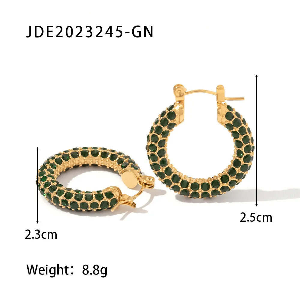 Green Studded Shiny Geometric Gold Plated 304 Stainless Steel Zircon Earrings