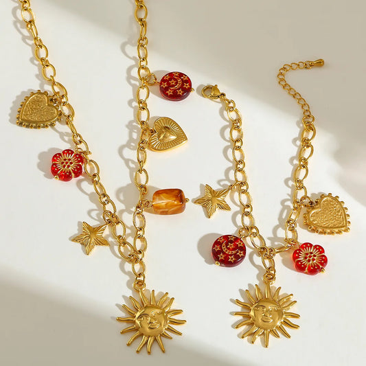 Sun Heart Flower 18K Gold Plated Stainless Steel Charm Necklace and Bracelet Set