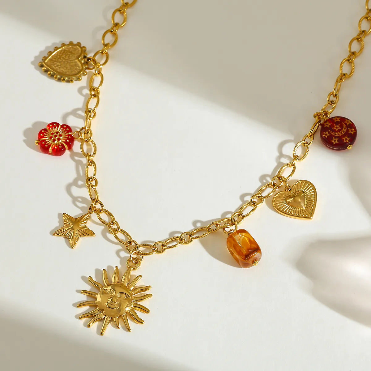 Sun Heart Flower 18K Gold Plated Stainless Steel Charm Necklace and Bracelet Set