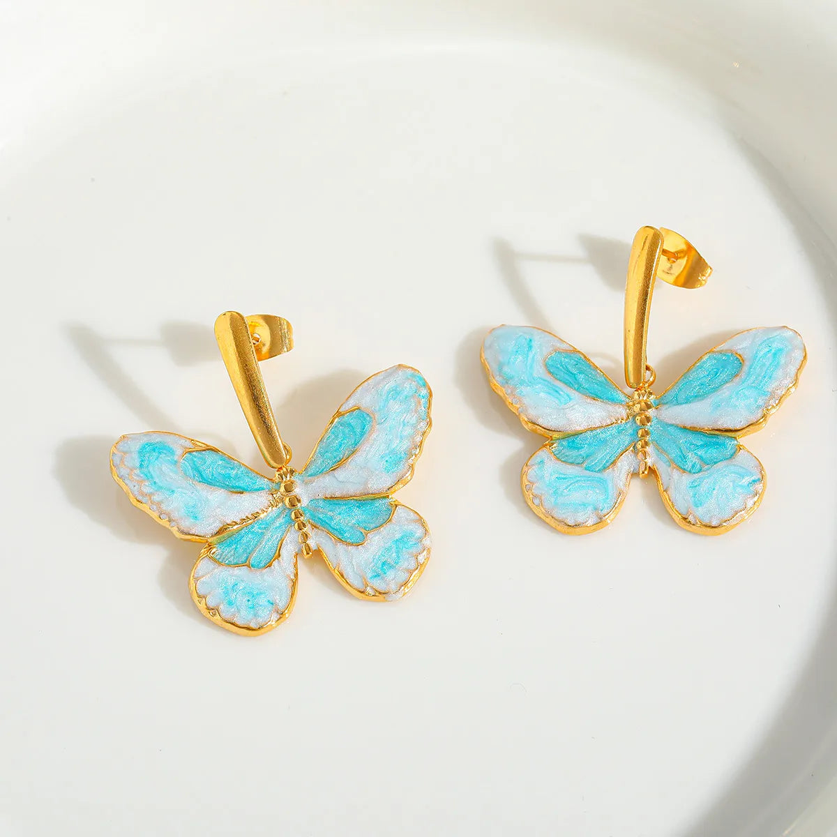 Cute Sweet Butterfly 304 Stainless Steel 18K Gold Plated Enamel Plating Ear Studs Necklace Snake Chain