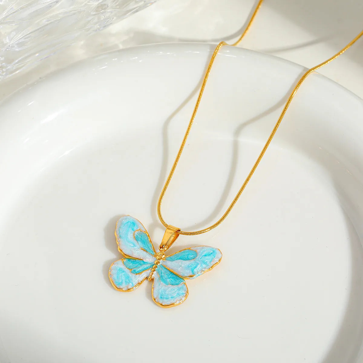 Cute Sweet Butterfly 304 Stainless Steel 18K Gold Plated Enamel Plating Ear Studs Necklace Snake Chain