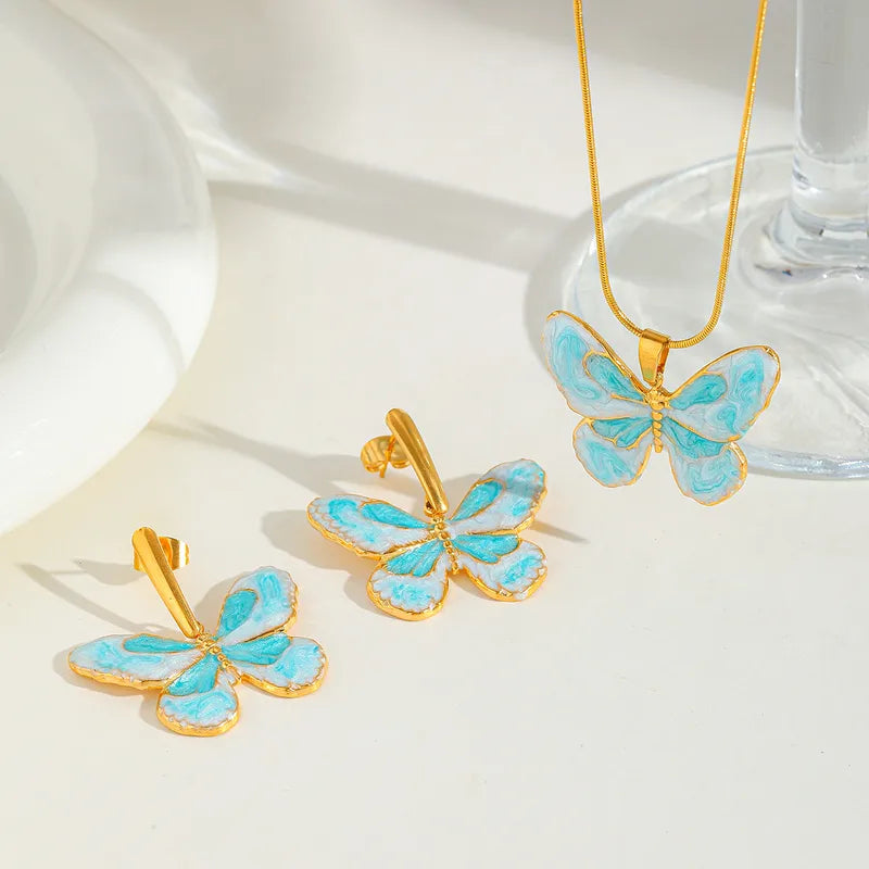 Cute Sweet Butterfly 304 Stainless Steel 18K Gold Plated Enamel Plating Ear Studs Necklace Snake Chain