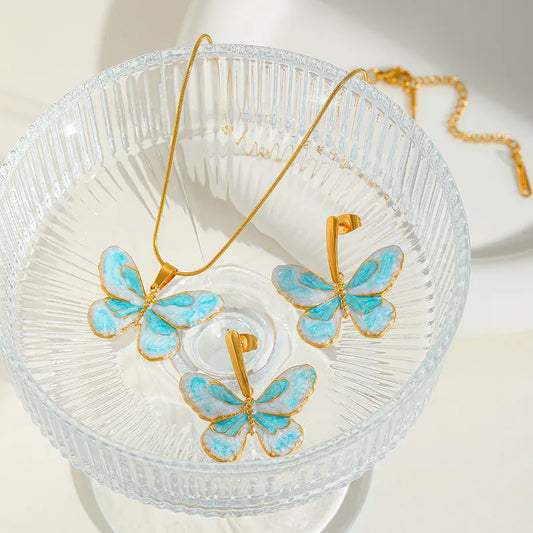 Cute Sweet Butterfly 304 Stainless Steel 18K Gold Plated Enamel Plating Ear Studs Necklace Snake Chain