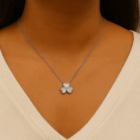 Silver Three Leaf Clover 304 Stainless Steel Rhinestones 18K Gold Chain Necklace