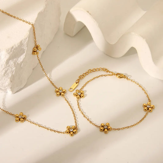 British Style Flower 304 Stainless Steel Zircon 18K Gold Plated Bracelets Necklace Jewelry Set Cable Chain