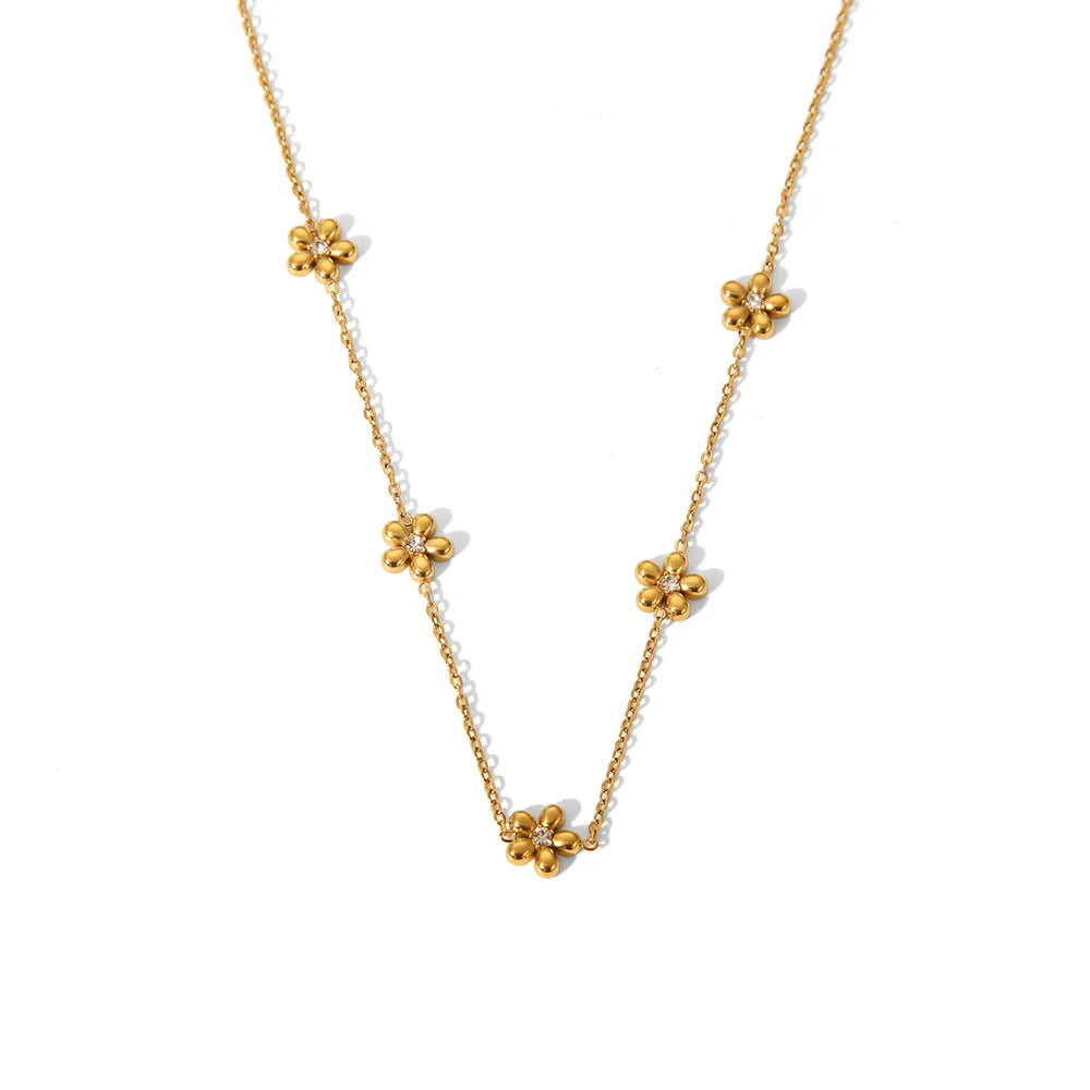 British Style Flower 304 Stainless Steel Zircon 18K Gold Plated Bracelets Necklace Jewelry Set Cable Chain