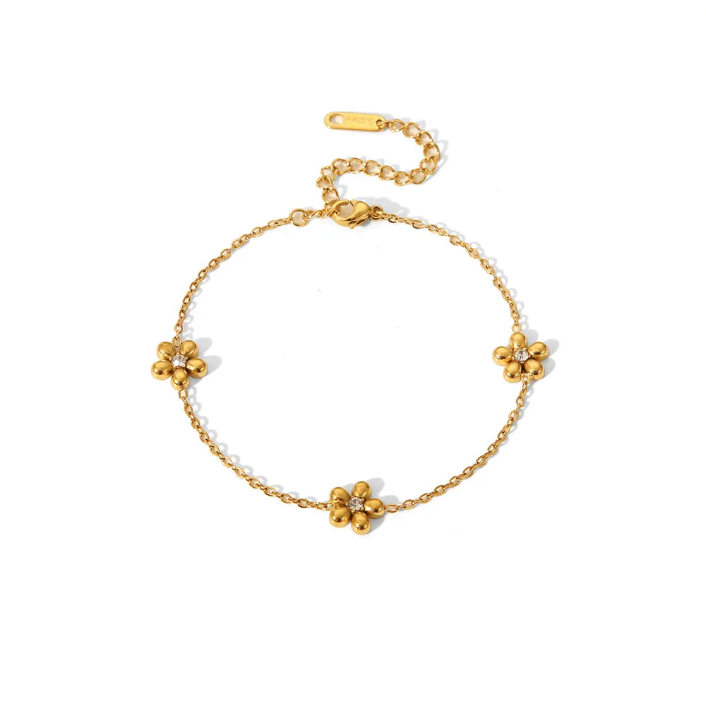 British Style Flower 304 Stainless Steel Zircon 18K Gold Plated Bracelets Necklace Jewelry Set Cable Chain