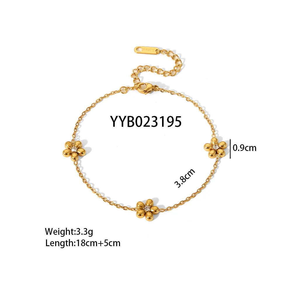 British Style Flower 304 Stainless Steel Zircon 18K Gold Plated Bracelets Necklace Jewelry Set Cable Chain