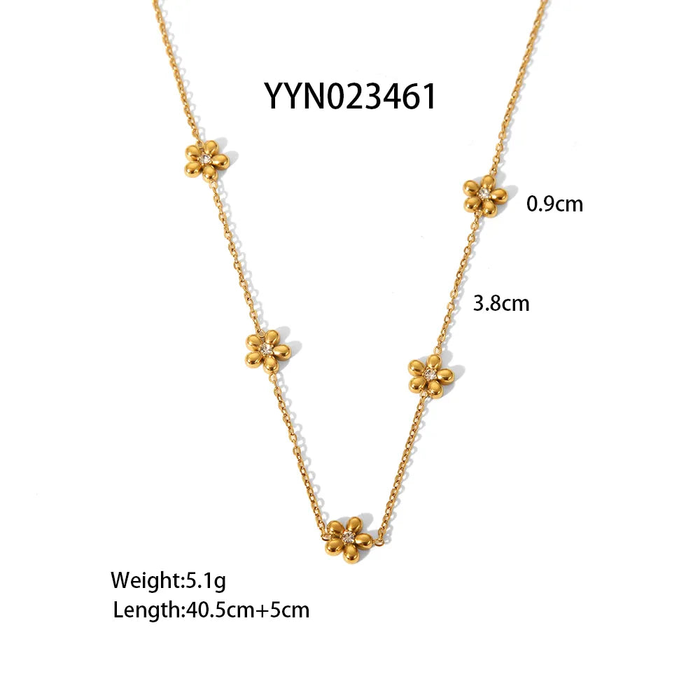 British Style Flower 304 Stainless Steel Zircon 18K Gold Plated Bracelets Necklace Jewelry Set Cable Chain