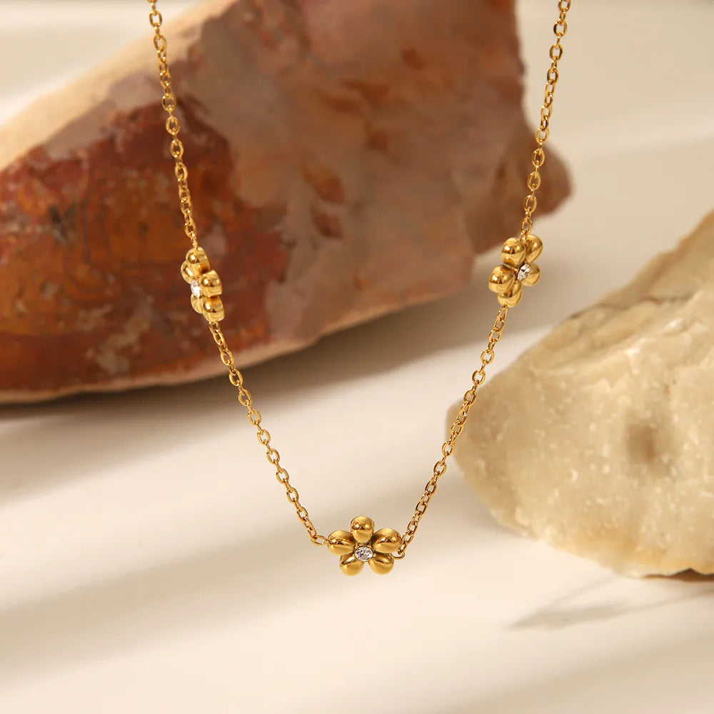 British Style Flower 304 Stainless Steel Zircon 18K Gold Plated Bracelets Necklace Jewelry Set Cable Chain