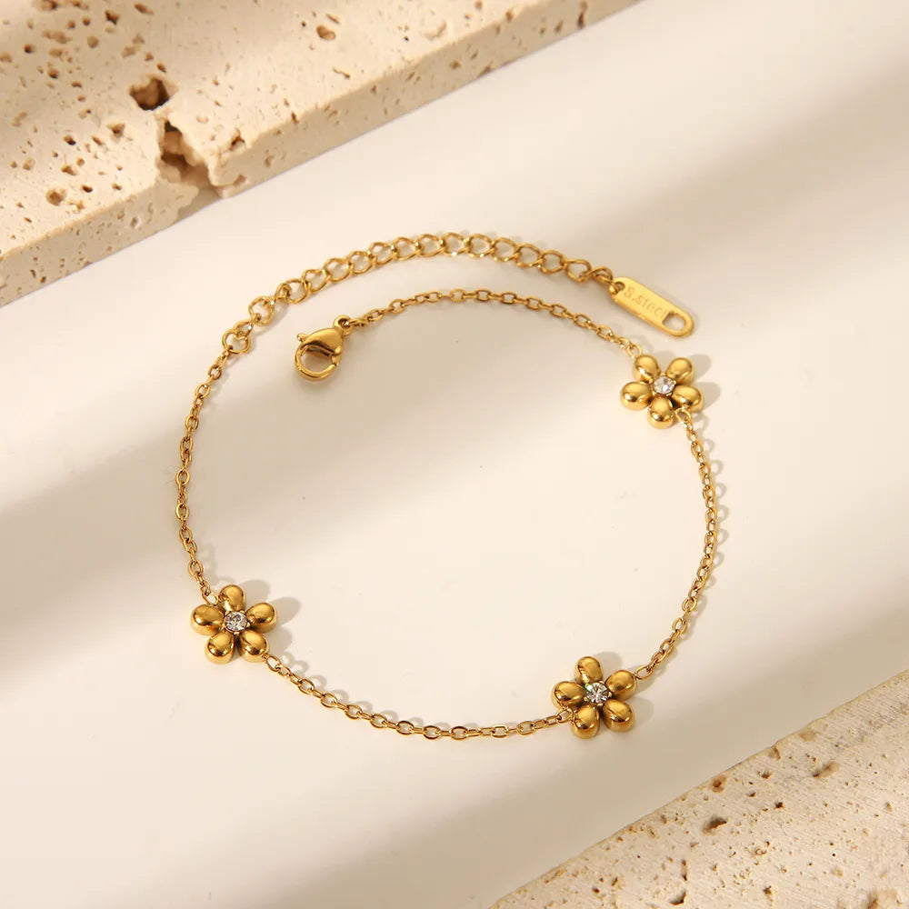British Style Flower 304 Stainless Steel Zircon 18K Gold Plated Bracelets Necklace Jewelry Set Cable Chain