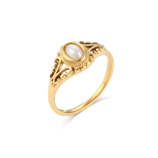 304 Stainless Steel 18K Gold Plated Lady National Tide Pearl Metal Geometric Pearl Ring
