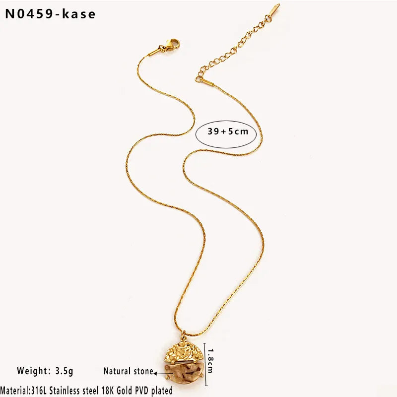 Nordic Style Simple Style Commute Round 316L Stainless Steel Natural Stone 18K Gold Plated Irregular Bamboo Necklace Pendant Necklace