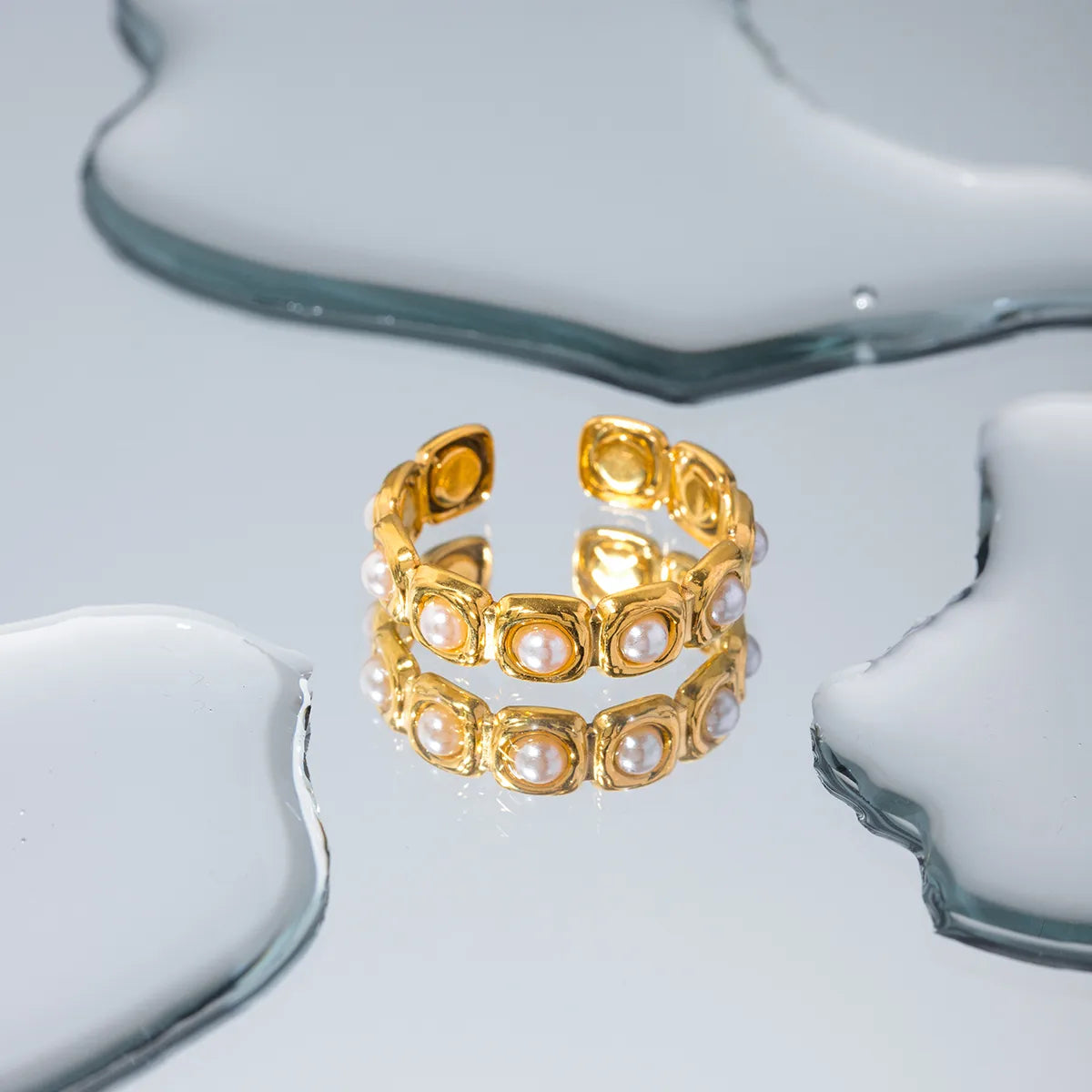 Pearls 304 Stainless Steel Artificial Plating Inlay Open Ring