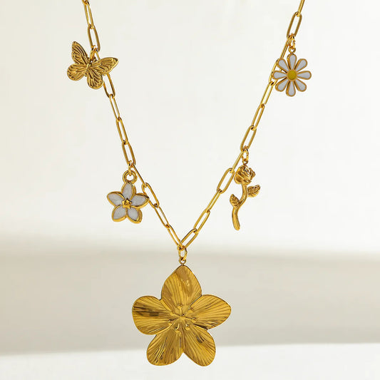 Butterfly Flower 18K Gold Plated Stainless Steel Butterfly Flower Multi-Pendent Necklace