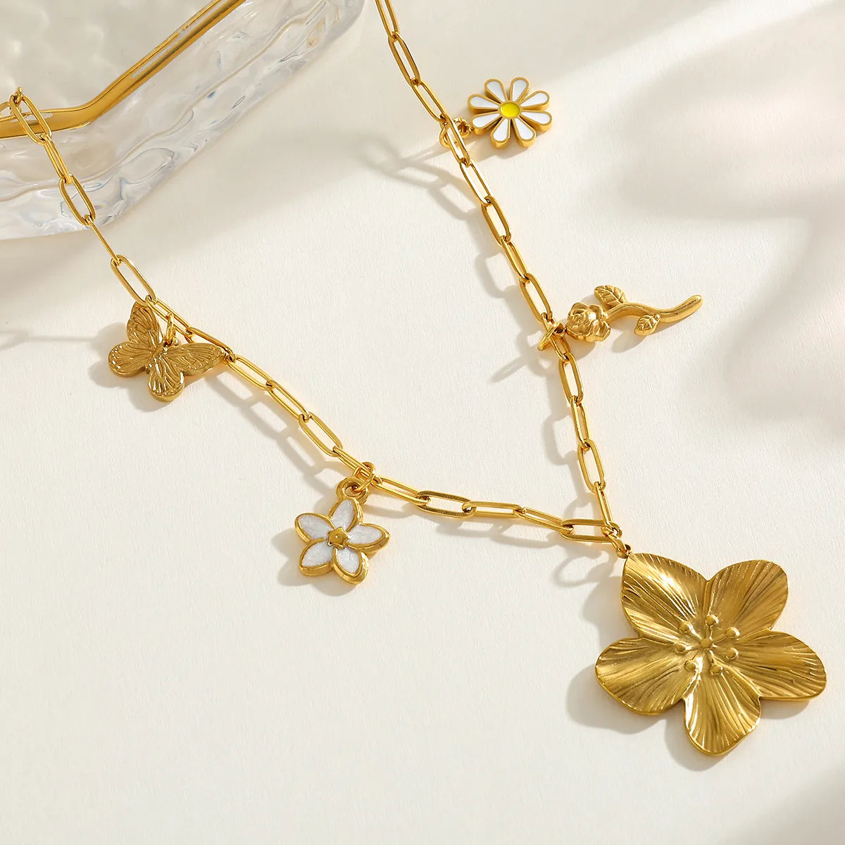 Butterfly Flower 18K Gold Plated Stainless Steel Butterfly Flower Multi-Pendent Necklace