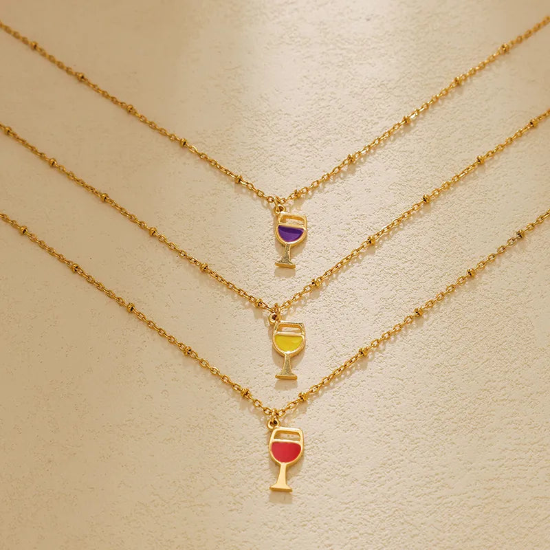 Purple Wine Glass 304 Stainless Steel 14K Gold Plated Enamel Plating Clip Bead Necklace Bracelets Necklace