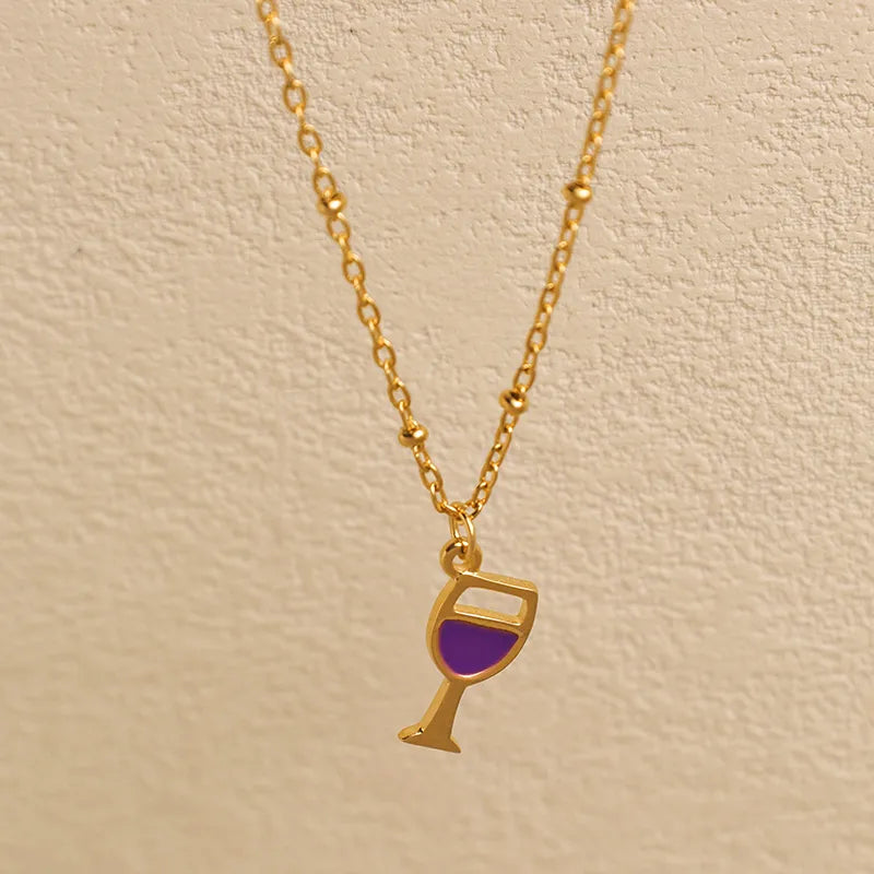 Purple Wine Glass 304 Stainless Steel 14K Gold Plated Enamel Plating Clip Bead Necklace Bracelets Necklace