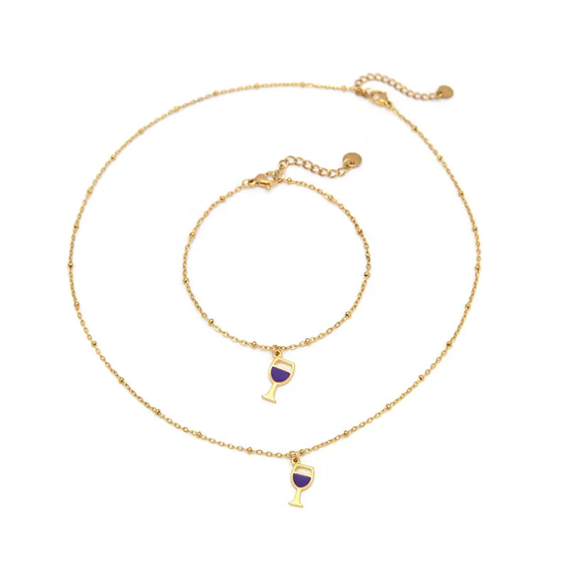 Purple Wine Glass 304 Stainless Steel 14K Gold Plated Enamel Plating Clip Bead Necklace Bracelets Necklace
