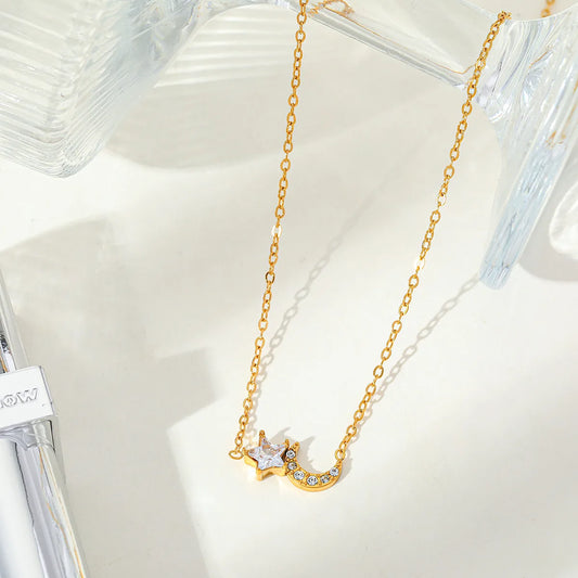 Star Moon Heart Shape 304 Stainless Steel Zircon 18K Gold Plated Multi Charms Necklace