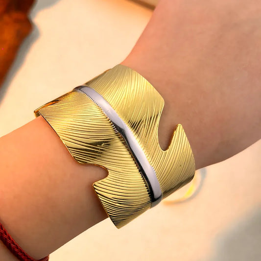 Leaf Lined 304 Stainless Steel 18K Gold Plated Wide Bracelet