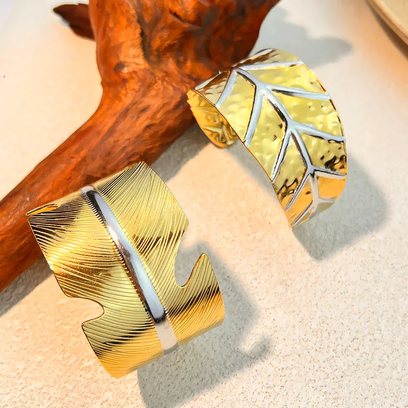 Leaf Lined 304 Stainless Steel 18K Gold Plated Wide Bracelet
