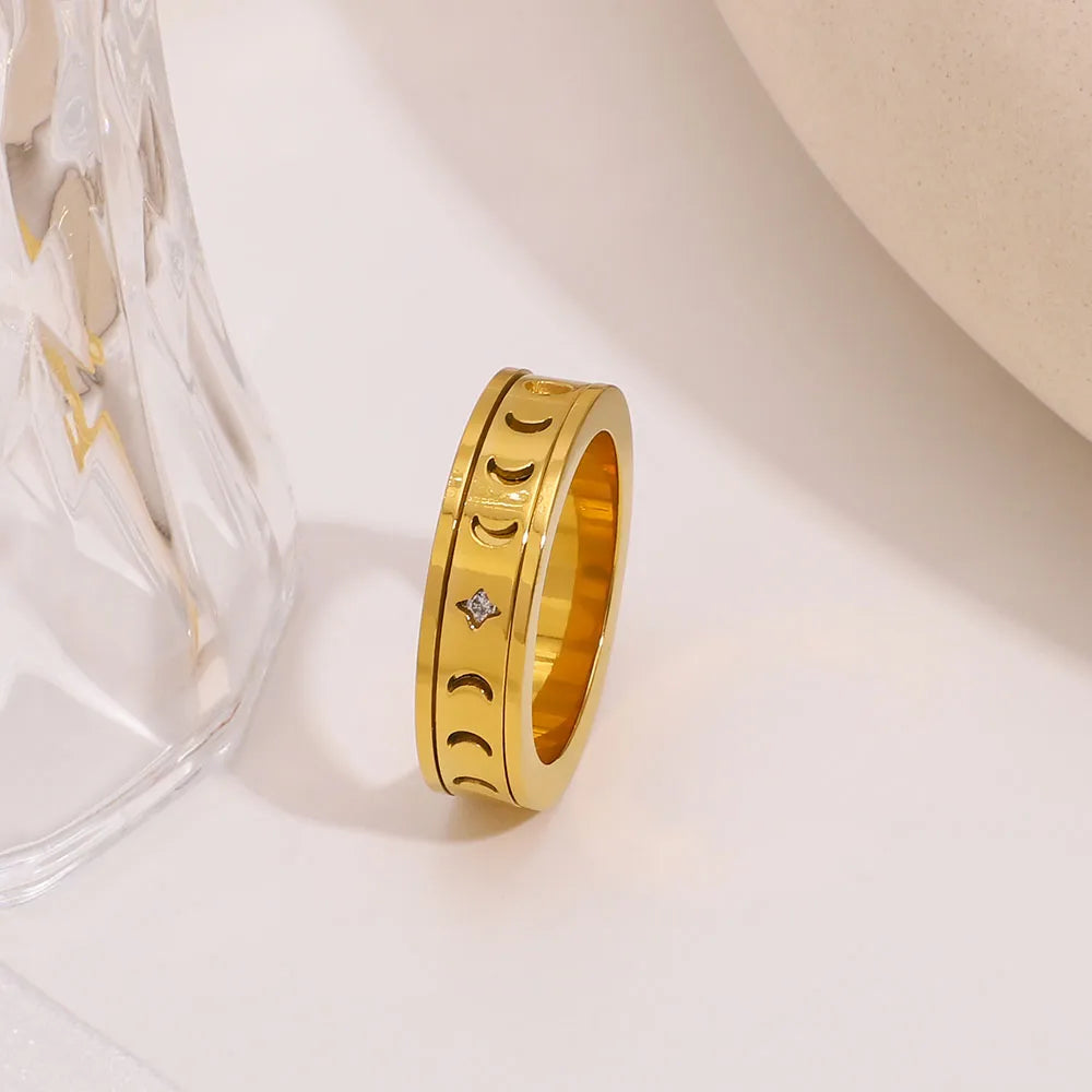 Moon and Star Sparkly 304 Stainless Steel 18K Gold Plated Plating Ring