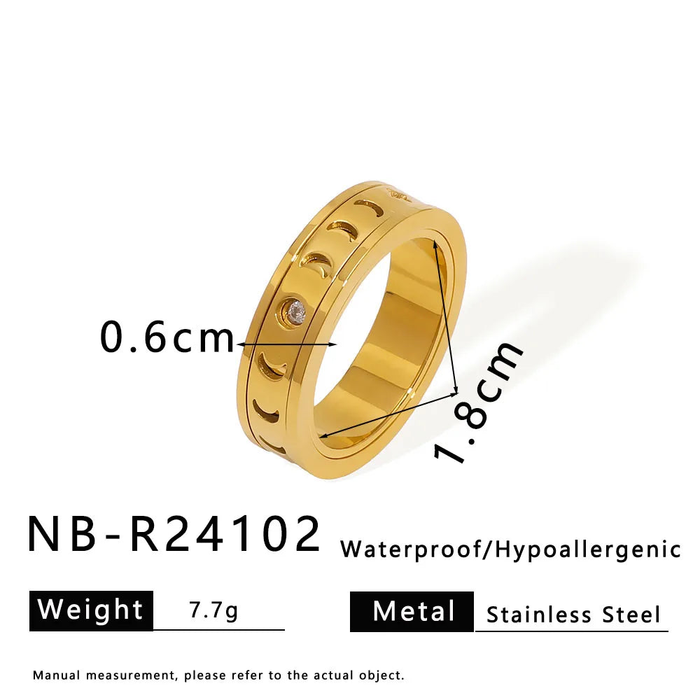 Moon and Star Sparkly 304 Stainless Steel 18K Gold Plated Plating Ring