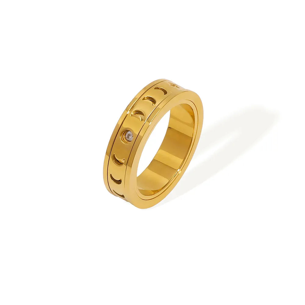 Moon and Star Sparkly 304 Stainless Steel 18K Gold Plated Plating Ring