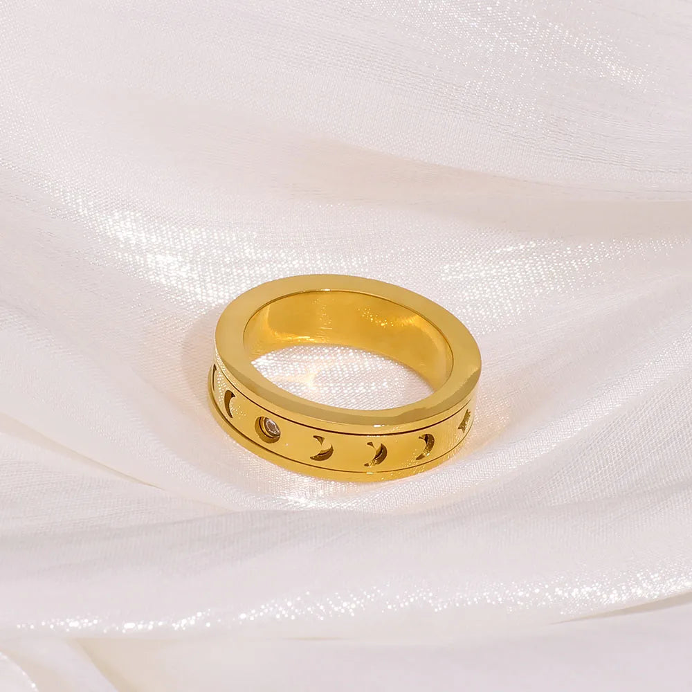 Moon and Star Sparkly 304 Stainless Steel 18K Gold Plated Plating Ring