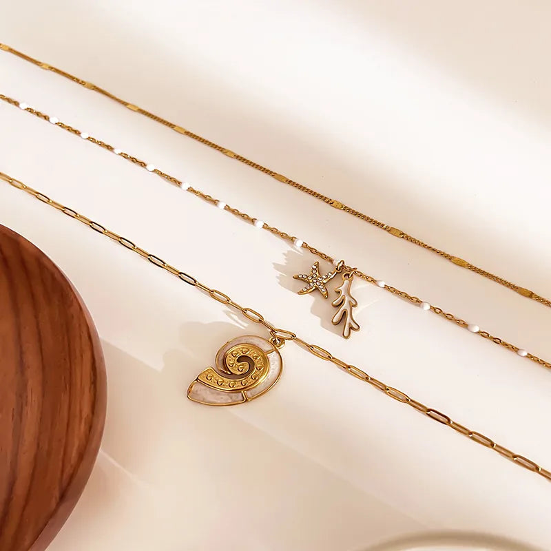 Conch Shell 316L Stainless Steel Rhinestones Freshwater Pearl 18K Gold Plated Inlay Stainless Steel Necklace