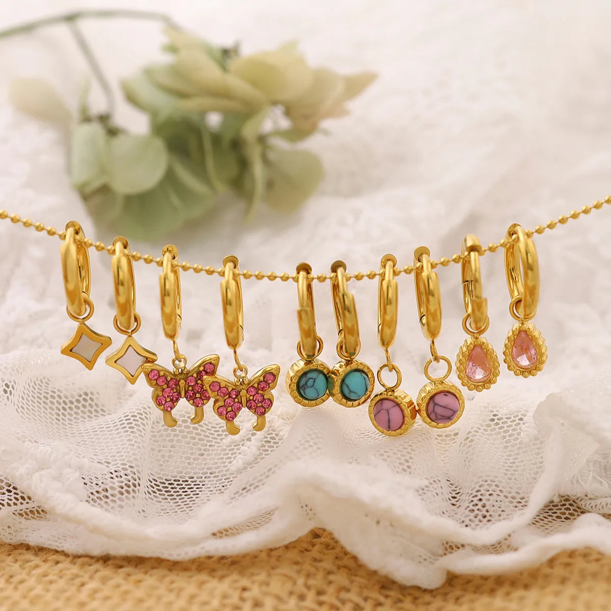 Water Droplets Butterfly Inlay 304 Stainless Steel Natural Stone Shell Zircon 18K Gold Plated Drop Earrings