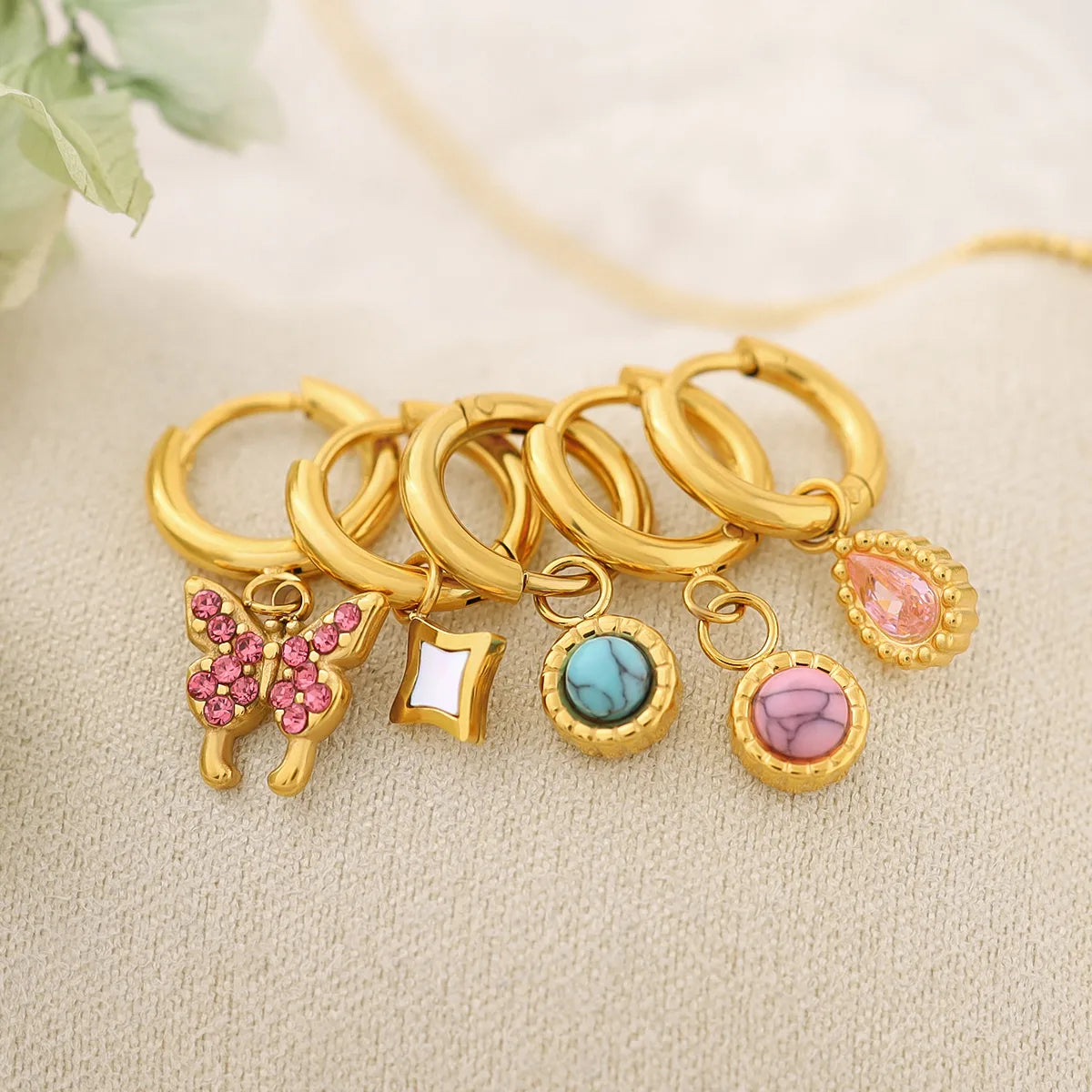 Water Droplets Butterfly Inlay 304 Stainless Steel Natural Stone Shell Zircon 18K Gold Plated Drop Earrings