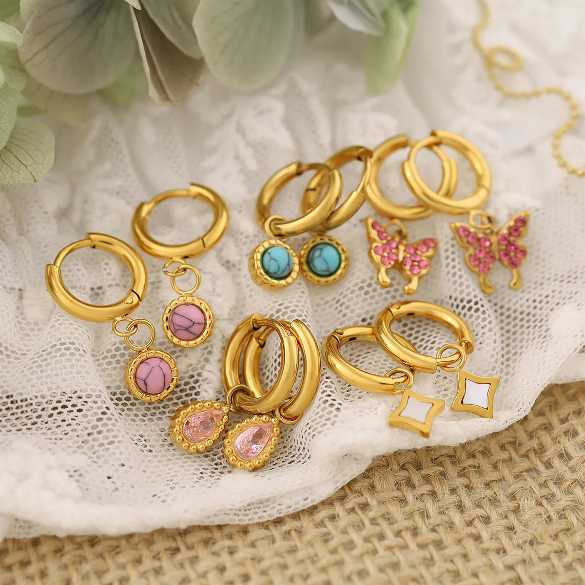 Water Droplets Butterfly Inlay 304 Stainless Steel Natural Stone Shell Zircon 18K Gold Plated Drop Earrings