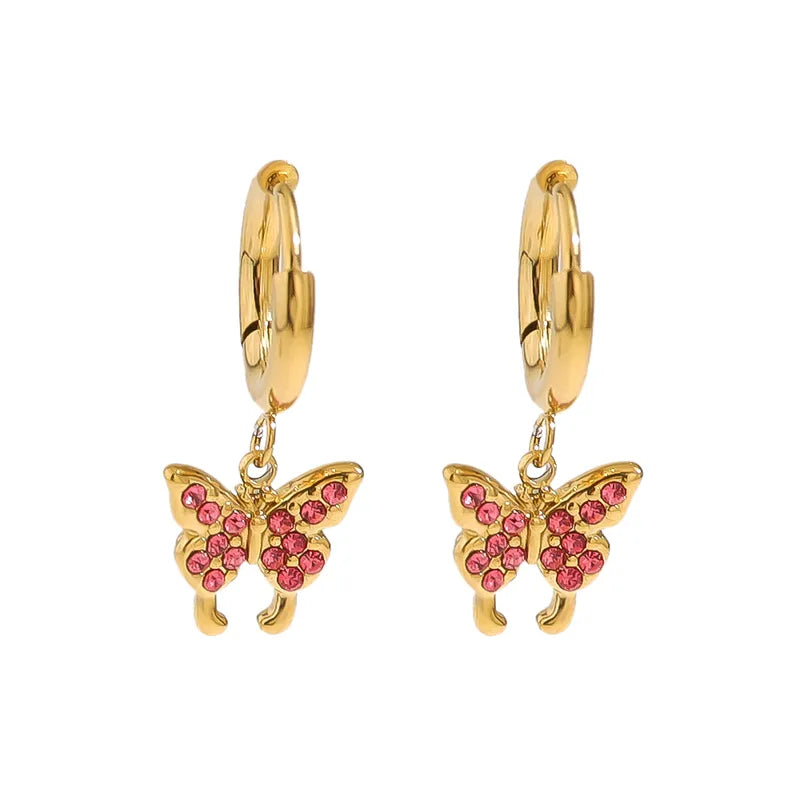 Water Droplets Butterfly Inlay 304 Stainless Steel Natural Stone Shell Zircon 18K Gold Plated Drop Earrings