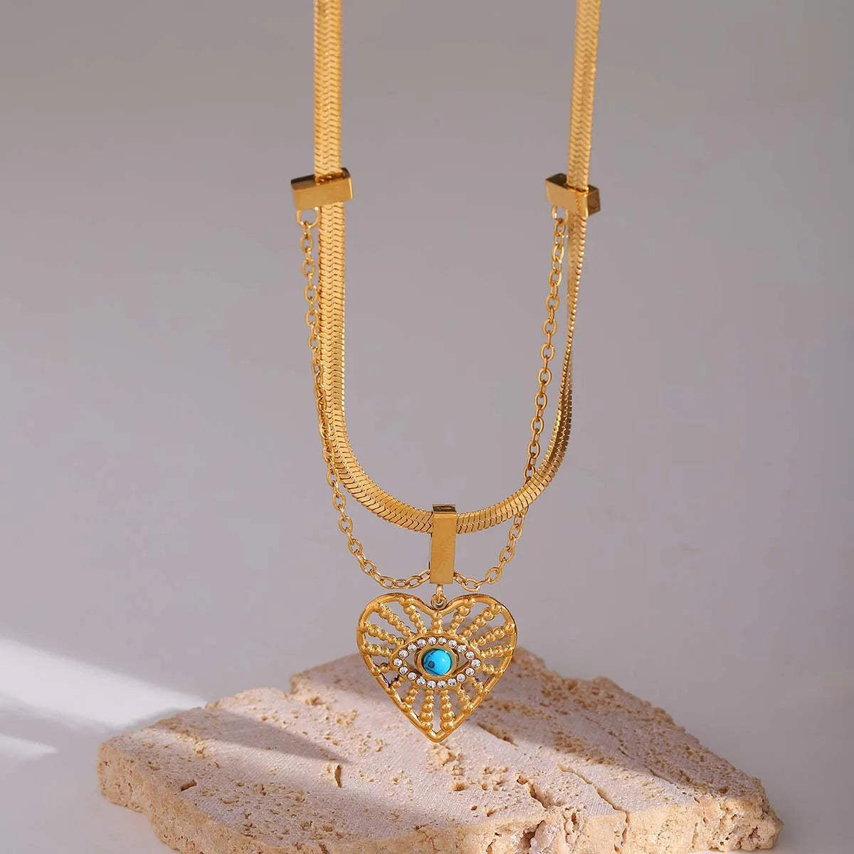 Cute Heart Shape 304 Stainless Steel 18K Gold Plated Cable Chain Snake Chain Pendant Necklace