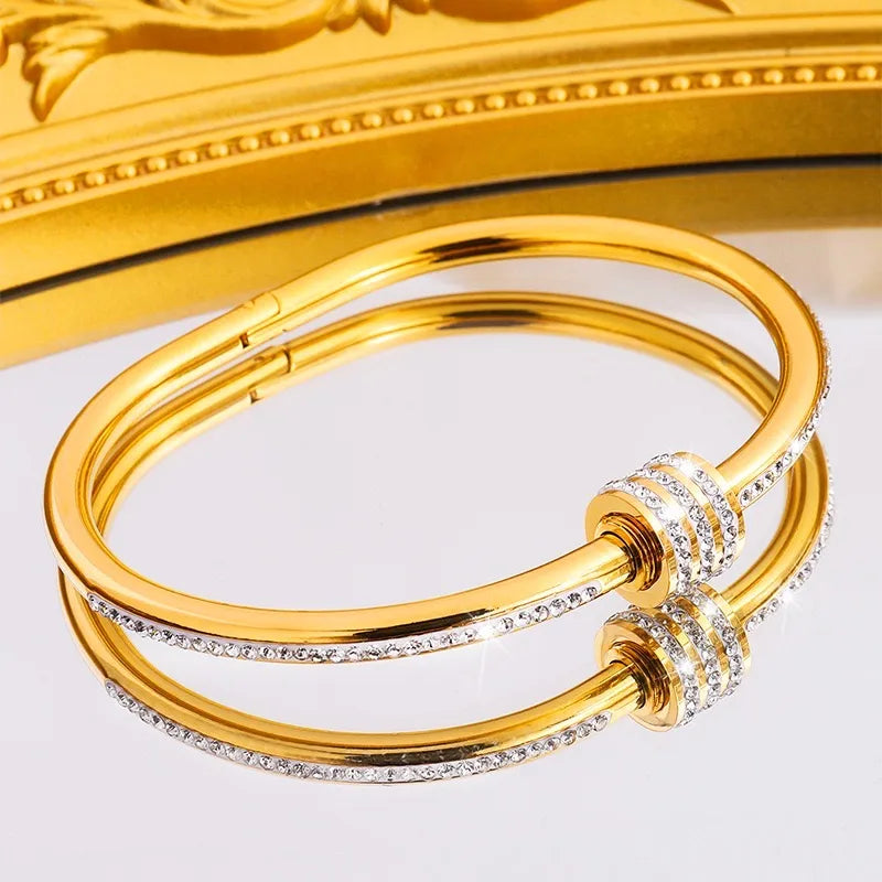 Glittered Style Nail Titanium Steel 18K Gold Plated Rhinestones Bangle