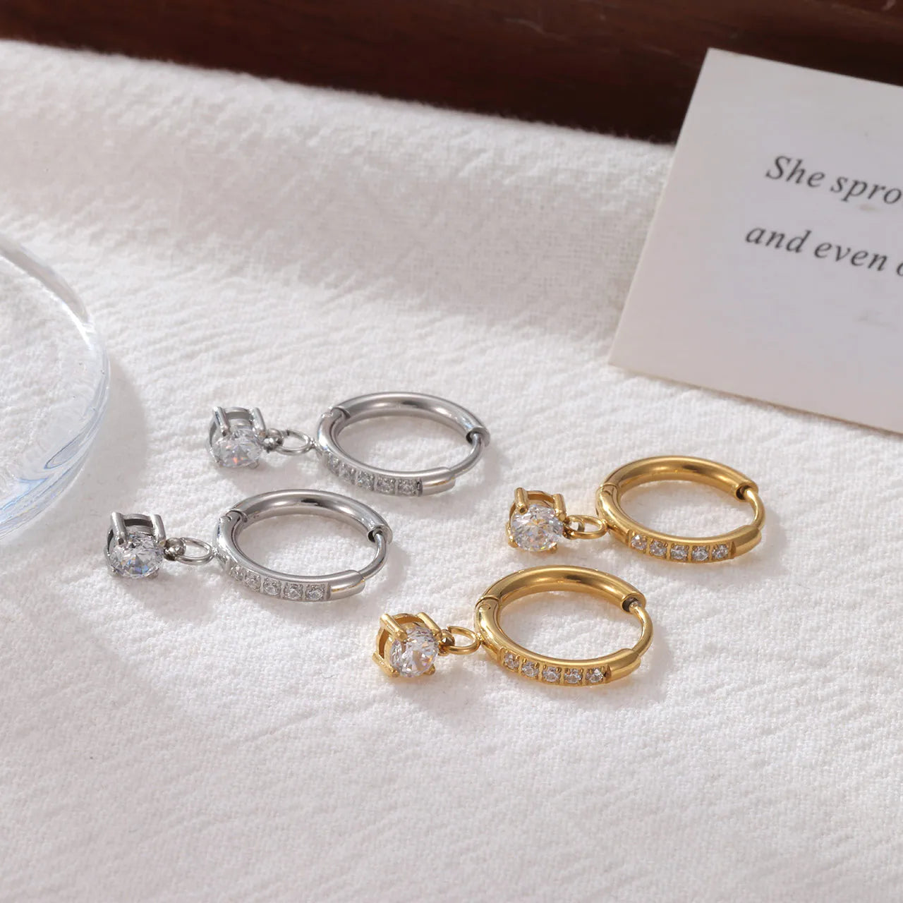 Round Plating Inlay 304 Stainless Steel Zircon 16K Gold Plated White Gold Plated Drop Earring