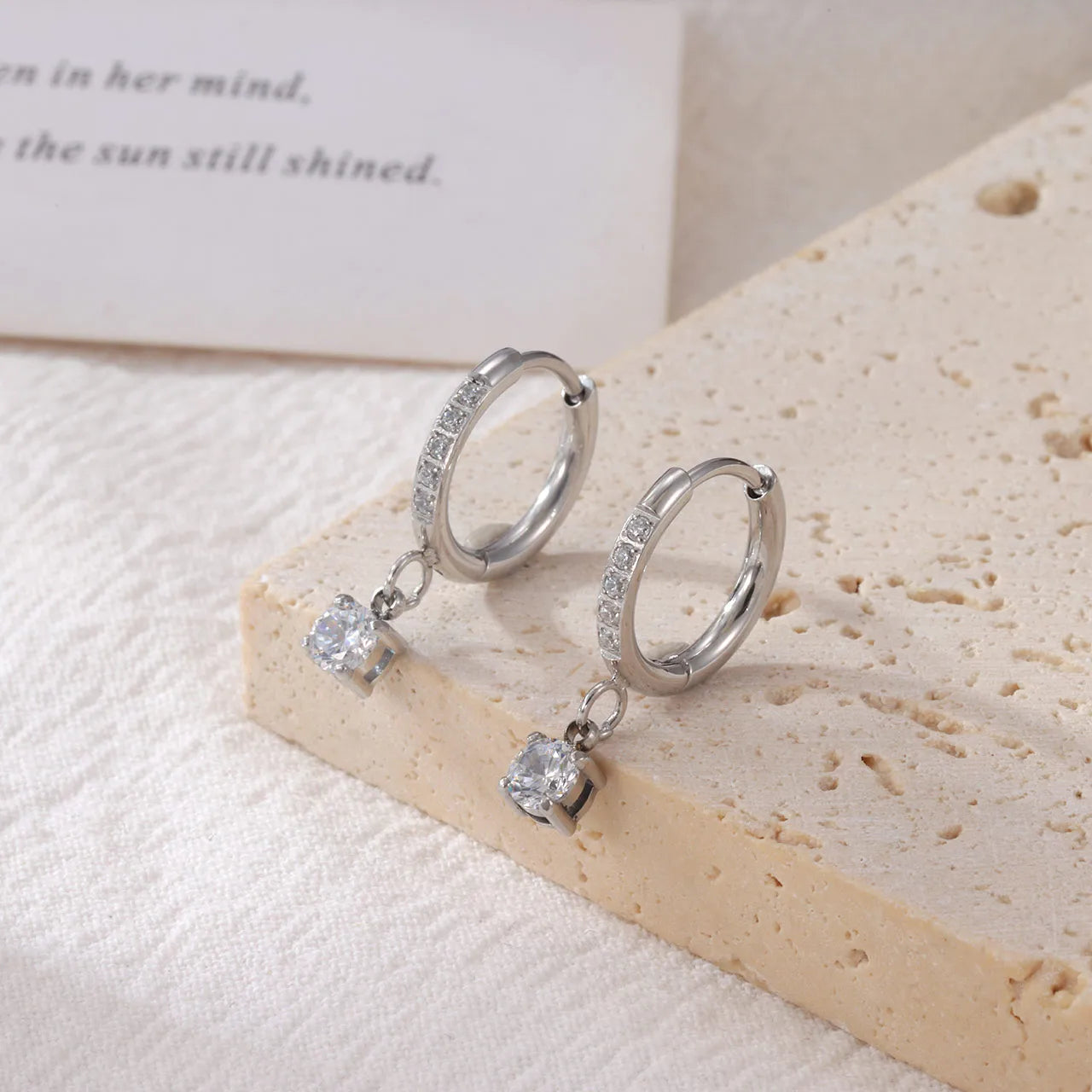 Round Plating Inlay 304 Stainless Steel Zircon 16K Gold Plated White Gold Plated Drop Earring