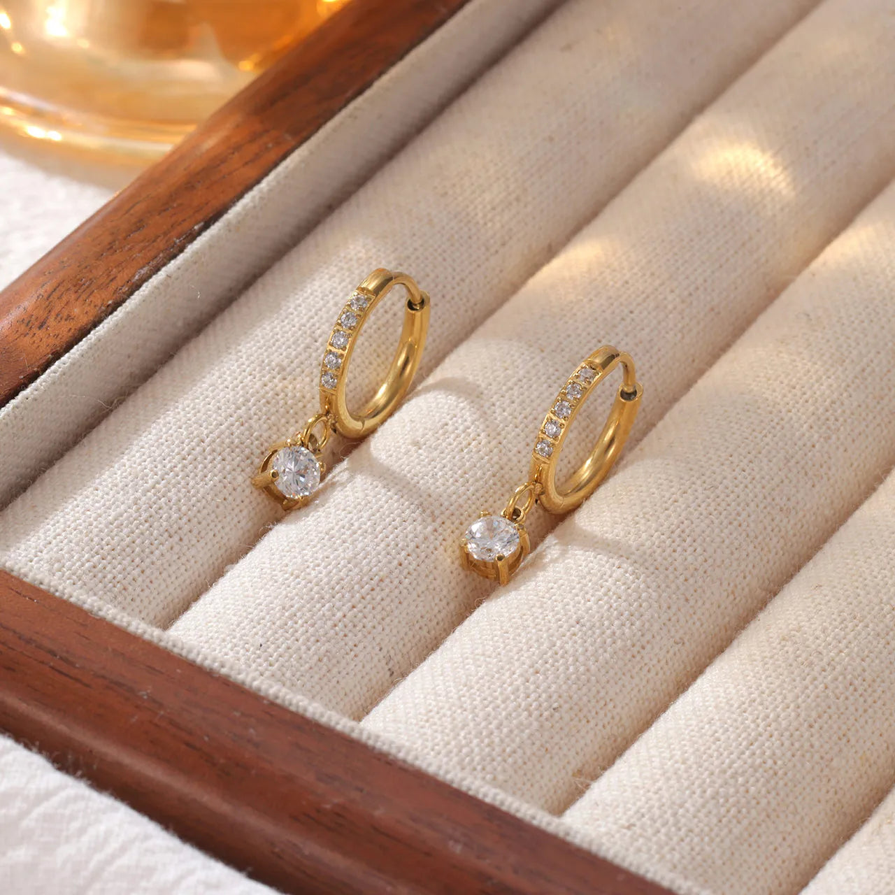 Round Plating Inlay 304 Stainless Steel Zircon 16K Gold Plated White Gold Plated Drop Earring