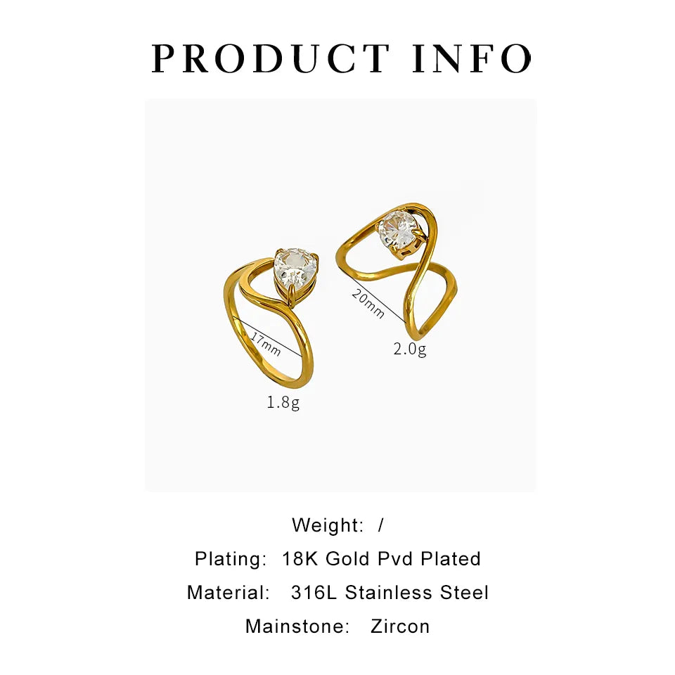 Romantic Shiny Round Water Droplets 316L Stainless Steel Zircon 18K Gold Plated Inlay Ring