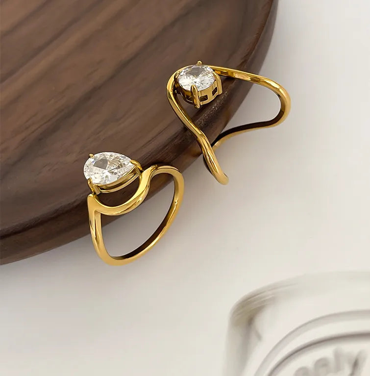Romantic Shiny Round Water Droplets 316L Stainless Steel Zircon 18K Gold Plated Inlay Ring
