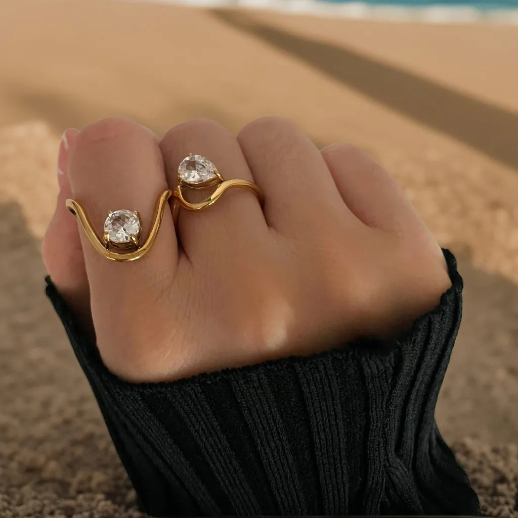 Romantic Shiny Round Water Droplets 316L Stainless Steel Zircon 18K Gold Plated Inlay Ring