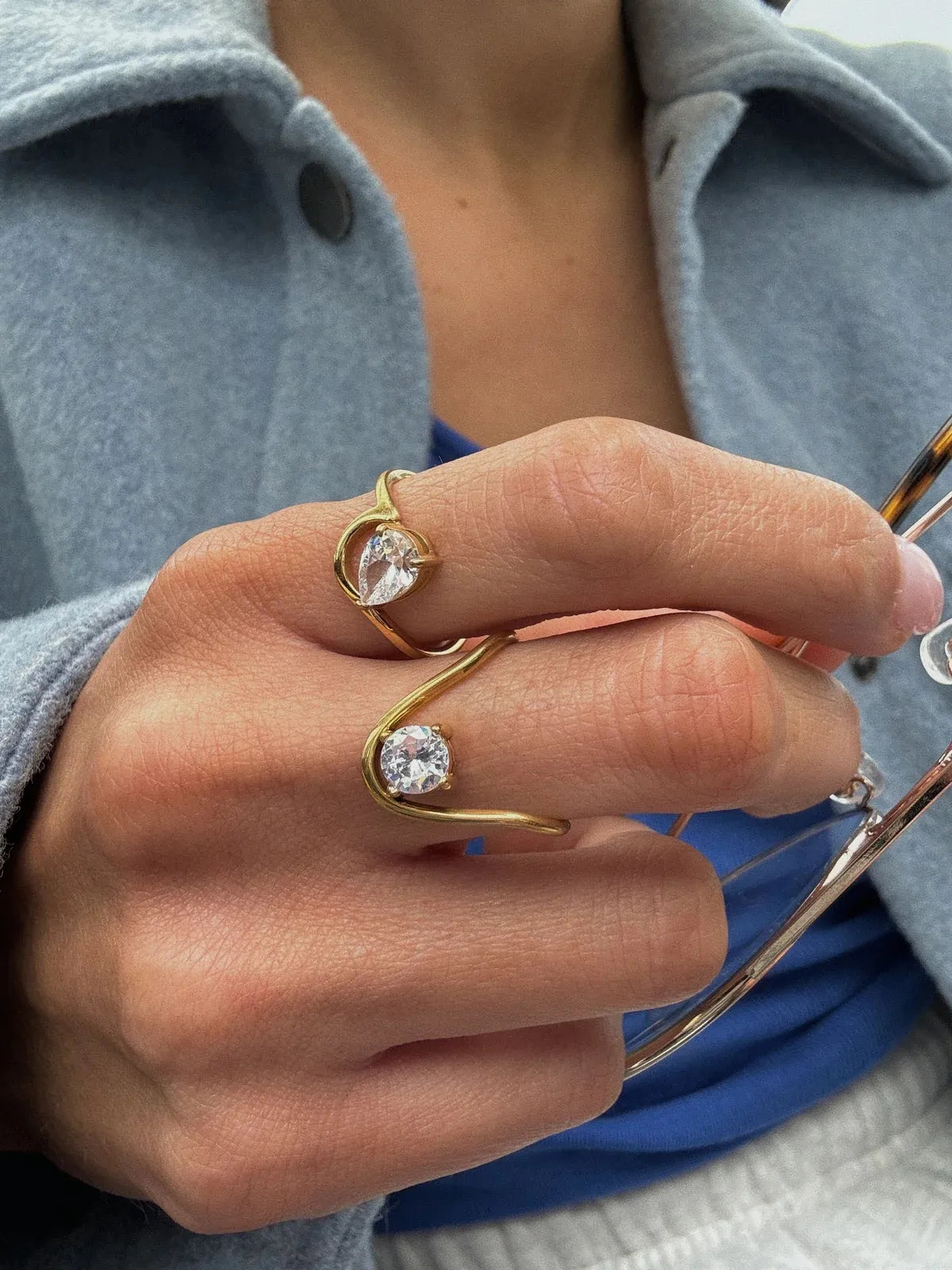Romantic Shiny Round Water Droplets 316L Stainless Steel Zircon 18K Gold Plated Inlay Ring