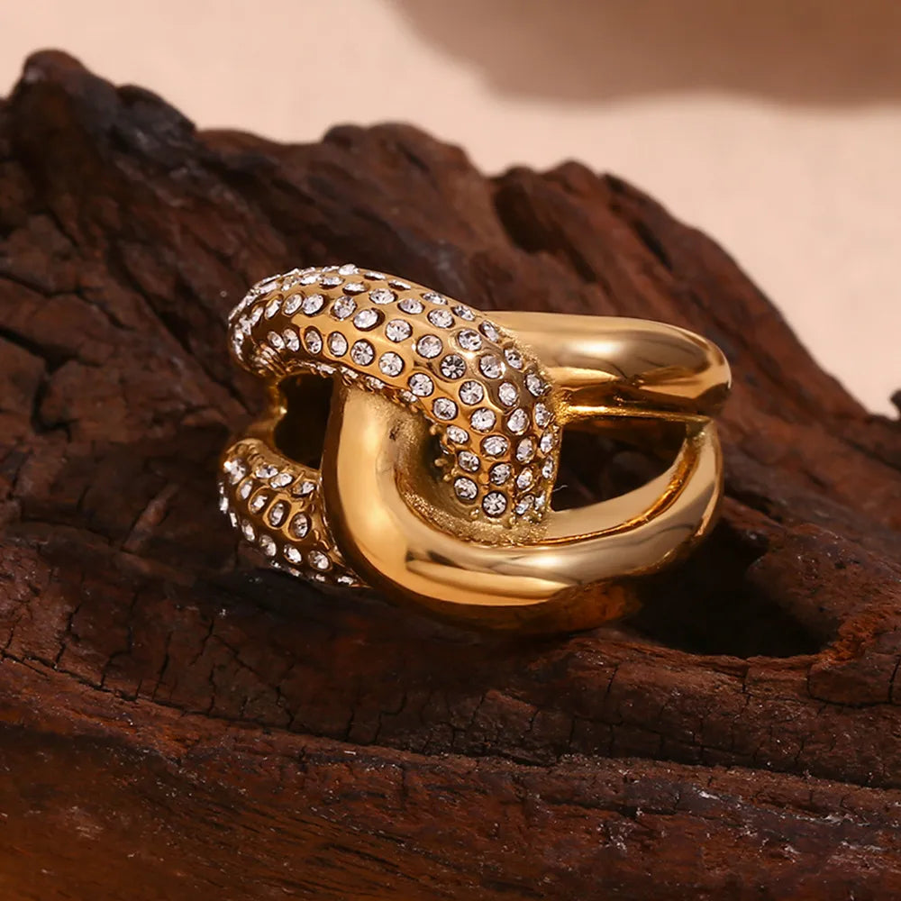 Diamond Knotted Elegant 316L Stainless Steel 18K Gold Plated Ring