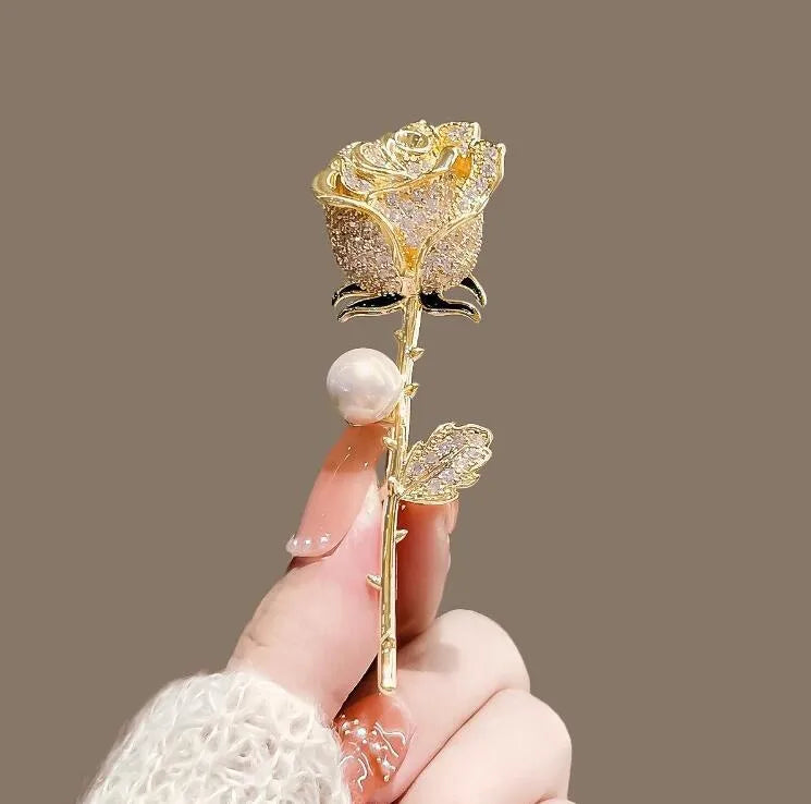Large Size Metal Pearl Rose Brooch Pin