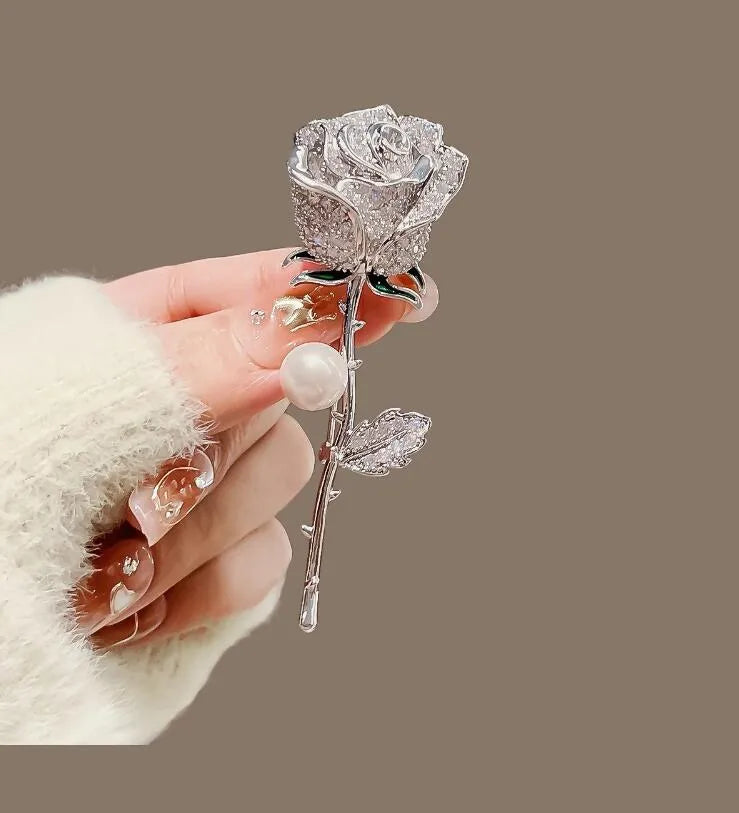 Large Size Metal Pearl Rose Brooch Pin